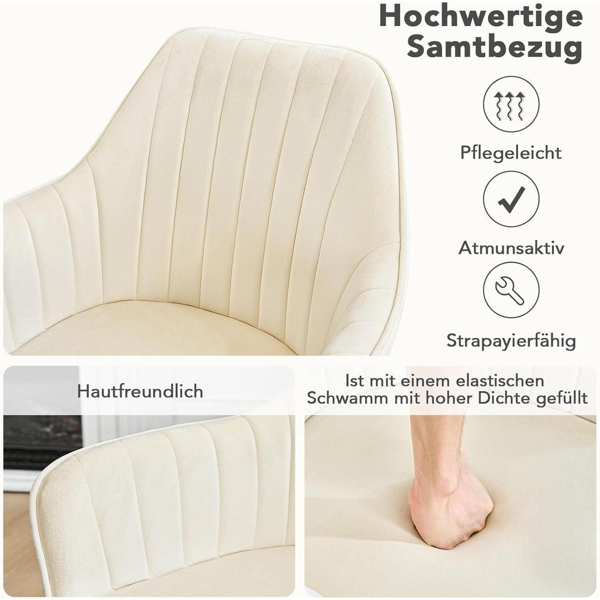 Drehbarer Esszimmerstuhl mit Armlehne & Samtbezug – 4er Set Beige