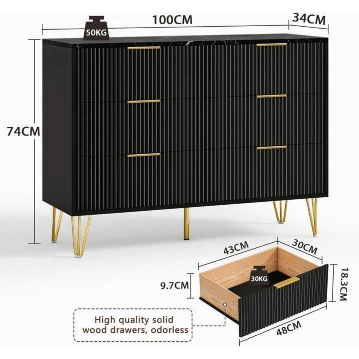 Kommode 6 Schubladen Schwarz | Modernes Schlafzimmer Möbel mit Marmoroptik