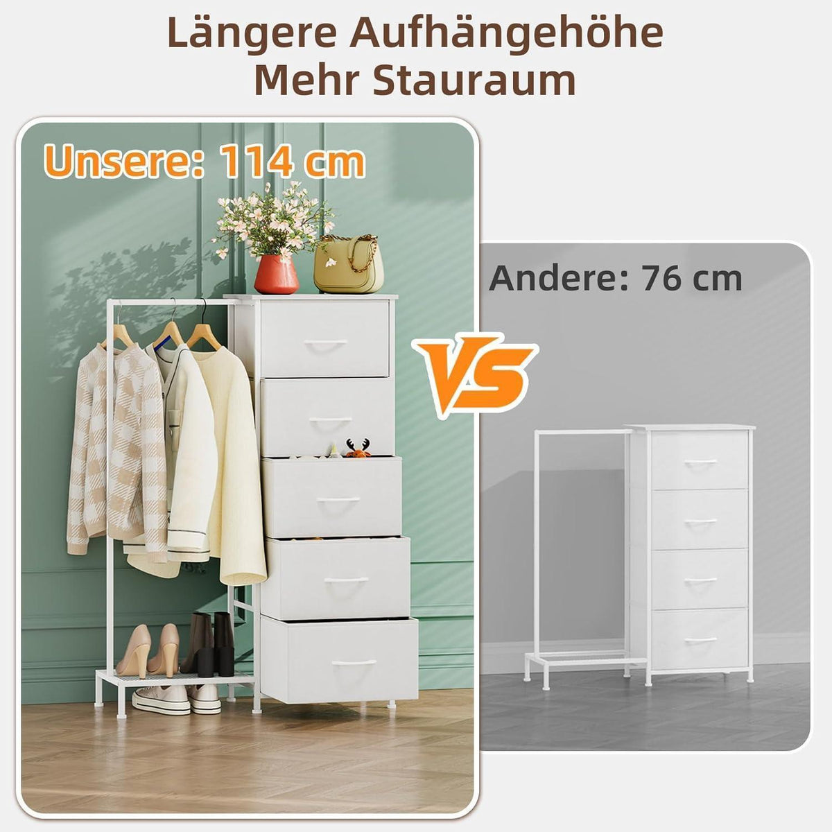 Kommode mit 5 Schubladen & Kleiderstange – Weiß