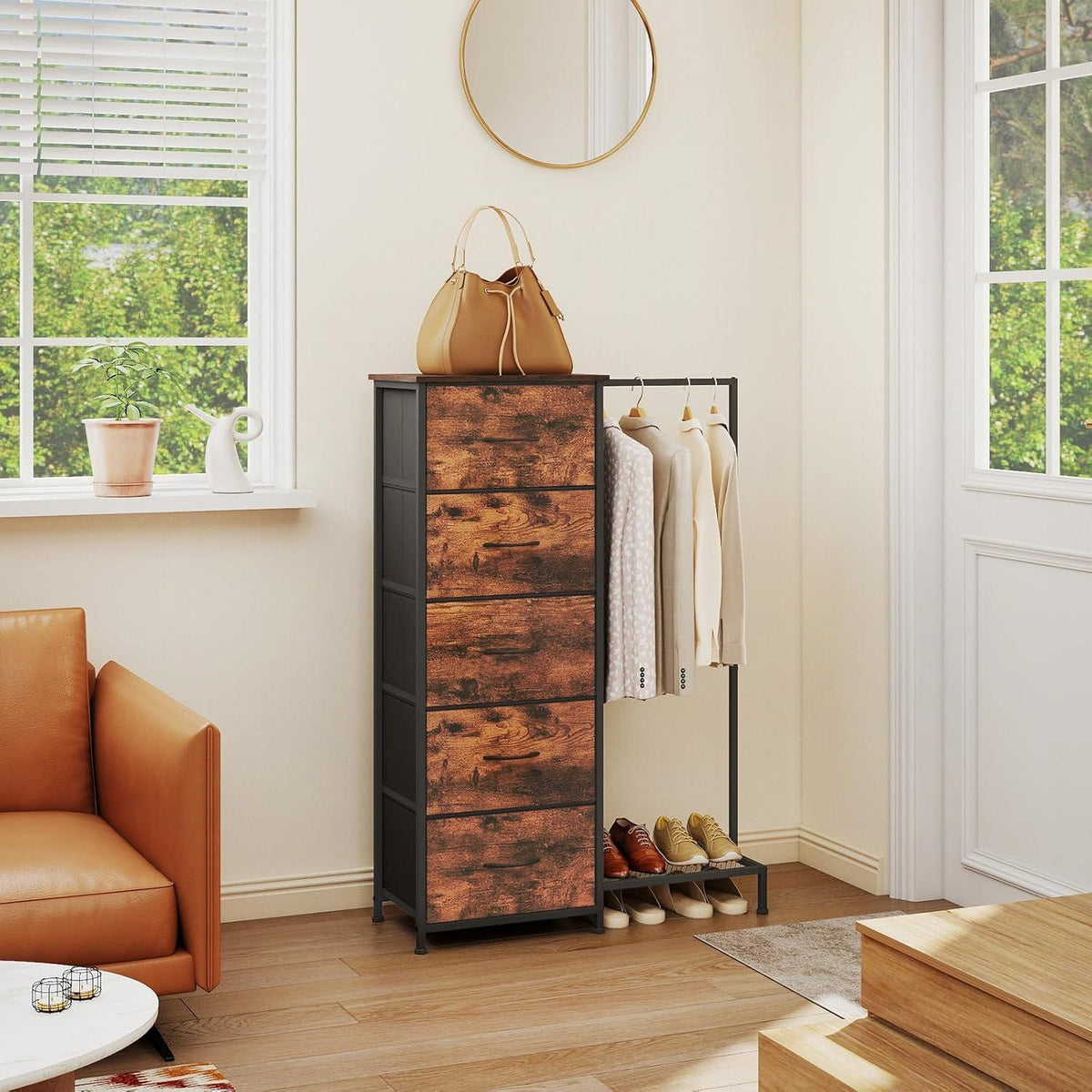 Stoffkommode mit Kleiderstange & 5 Schubladen – Schlafzimmer Schrank