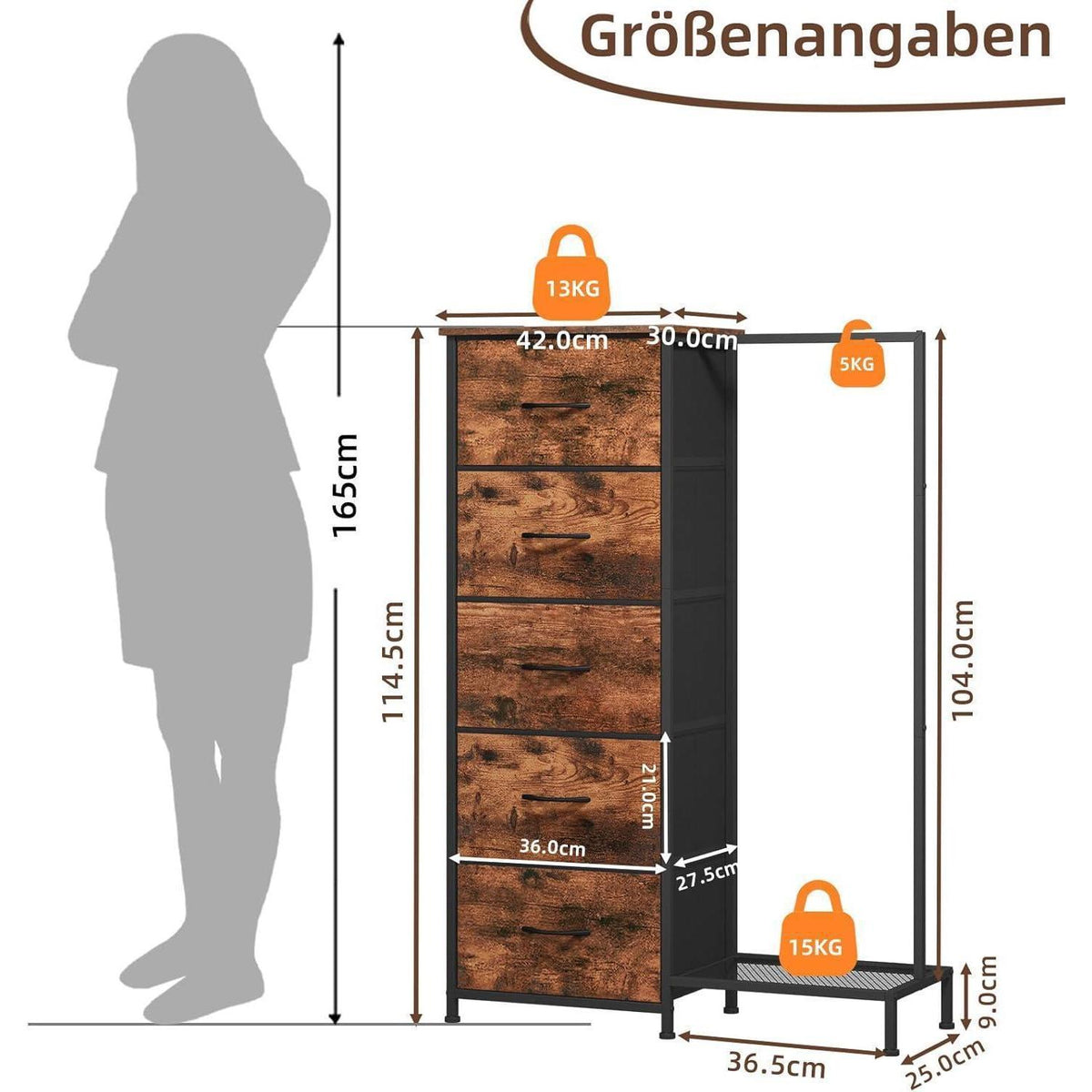 Stoffkommode mit Kleiderstange & 5 Schubladen – Schlafzimmer Schrank