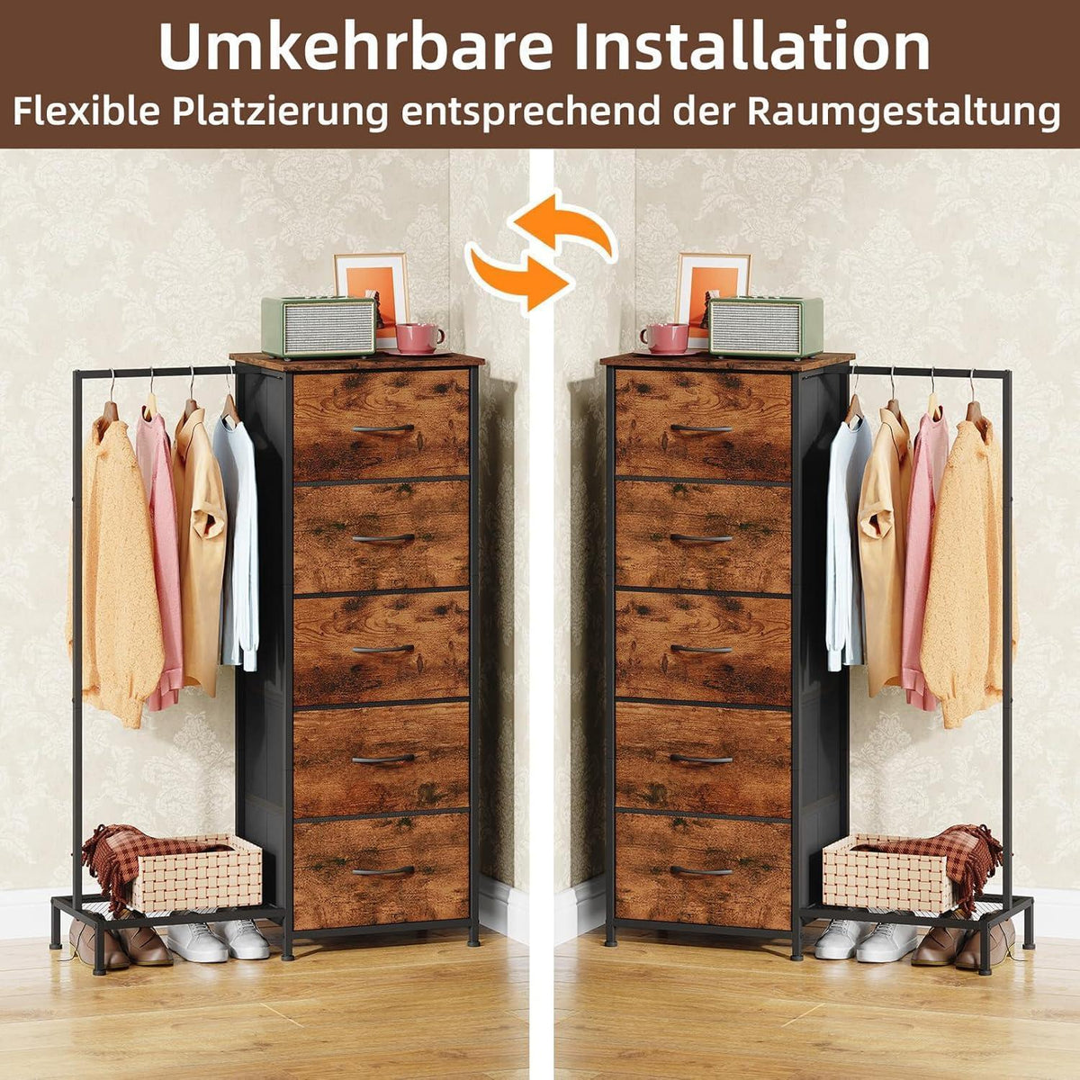 Stoffkommode mit Kleiderstange & 5 Schubladen – Schlafzimmer Schrank