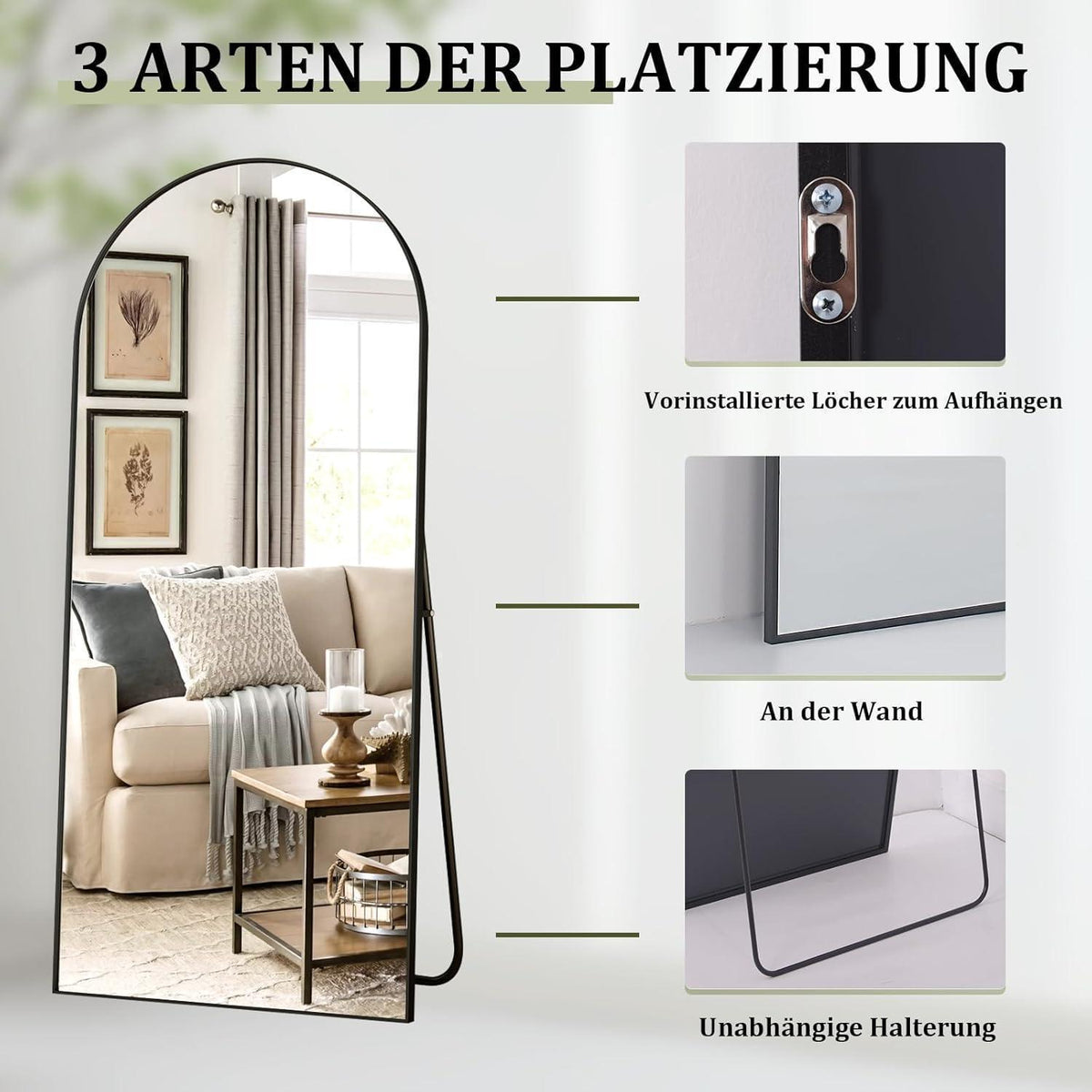 Großer Gewölbter Standspiegel 200x90 cm | Wand & Stand | Schwarz