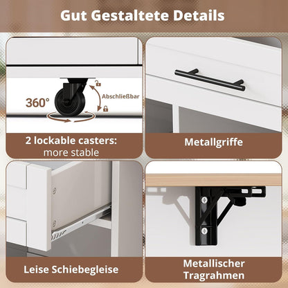 Küchenwagen mit Klappplatte & Schubladen – Mobile Kücheninsel White