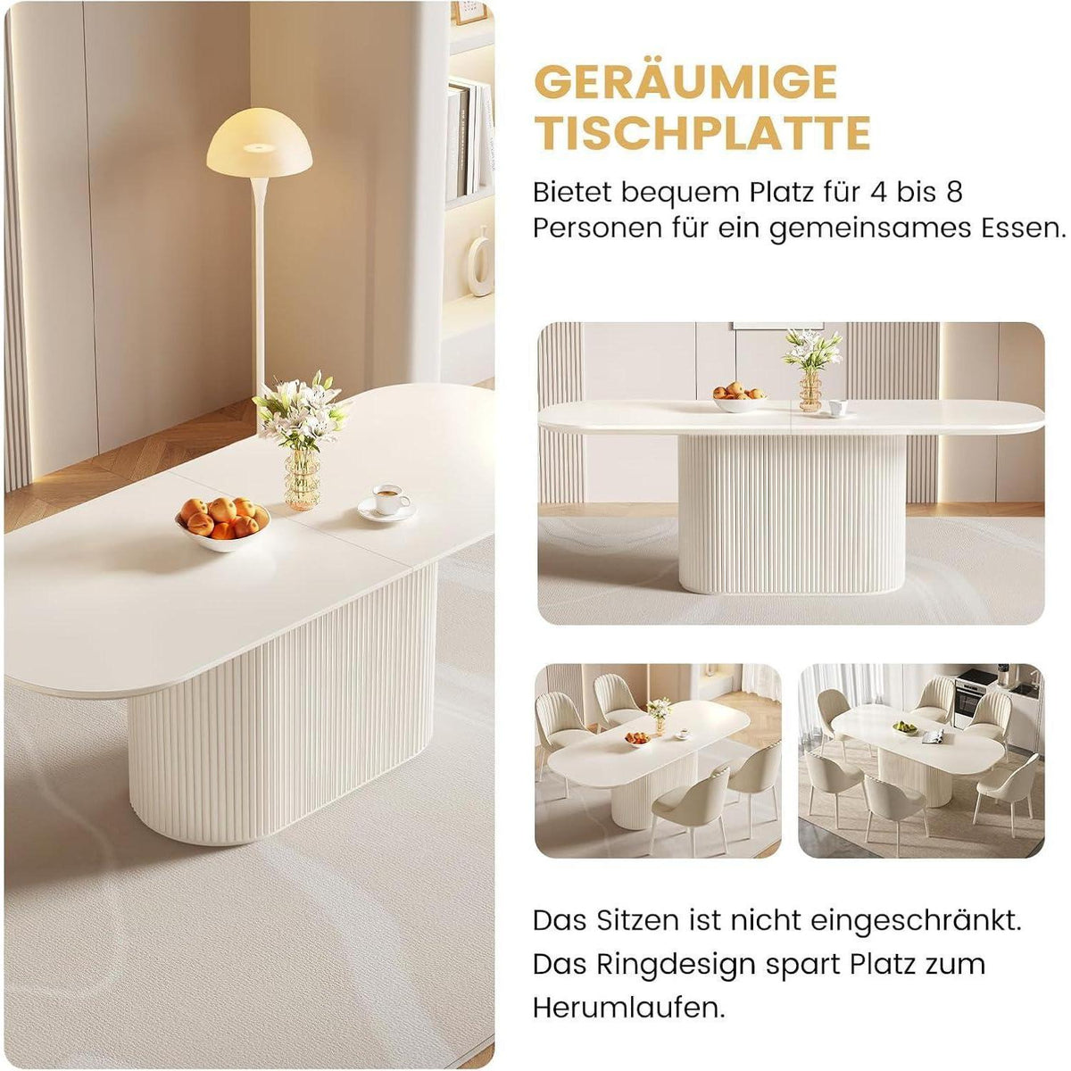 Weißes Esstisch Set mit 4 Stühlen – Skandinavisches Design 220cm