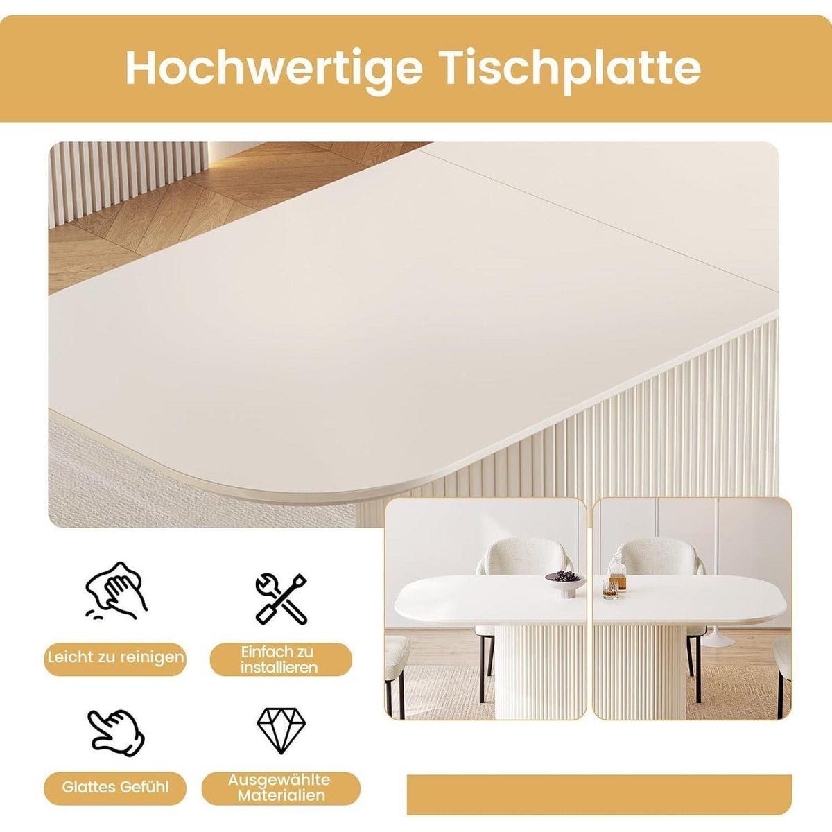 Esszimmertisch Set Weiß mit 8 Stoffstühlen, Skandinavisches Design