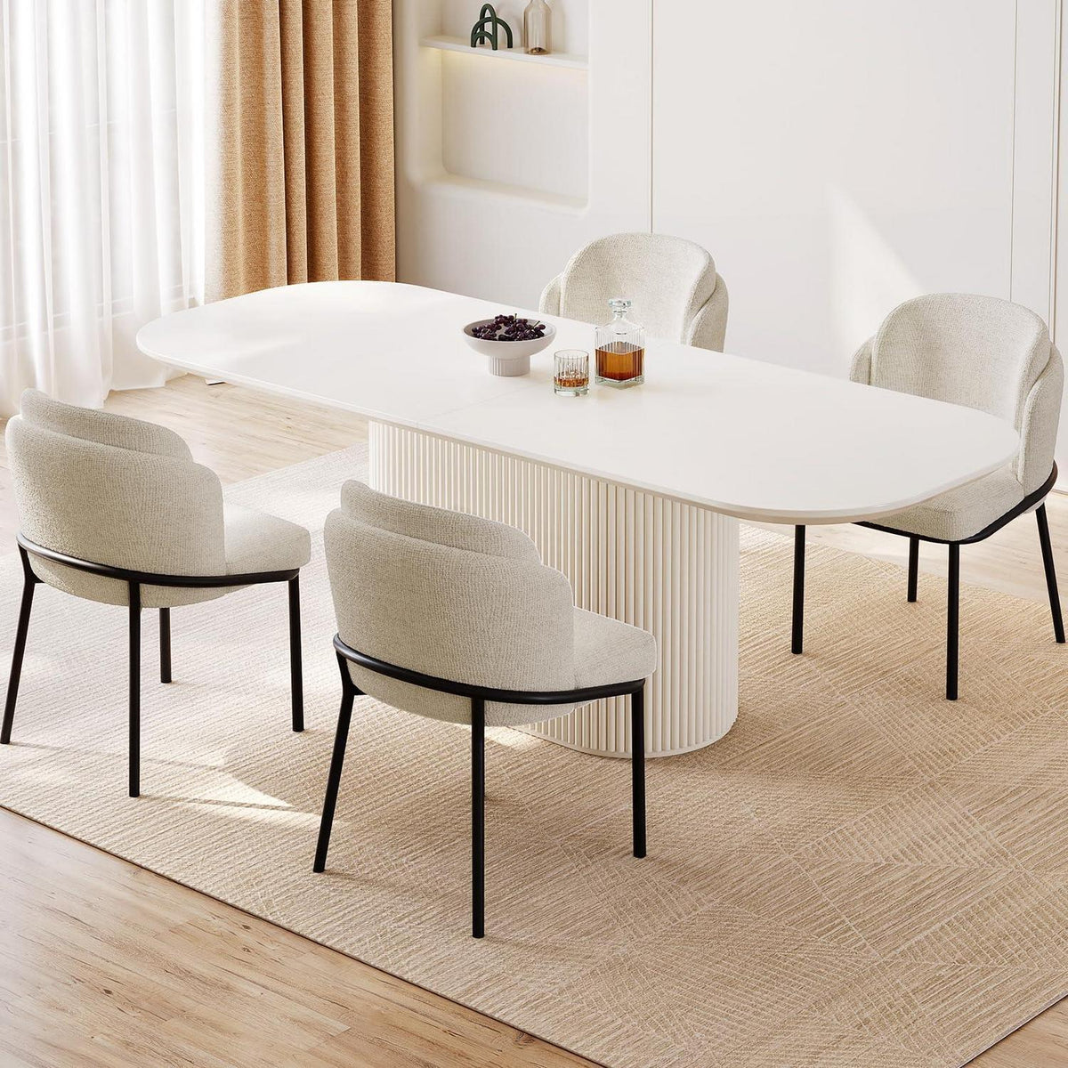 Esszimmertisch Set Weiß 220cm mit 4 Stoffstühlen, Skandinavisch