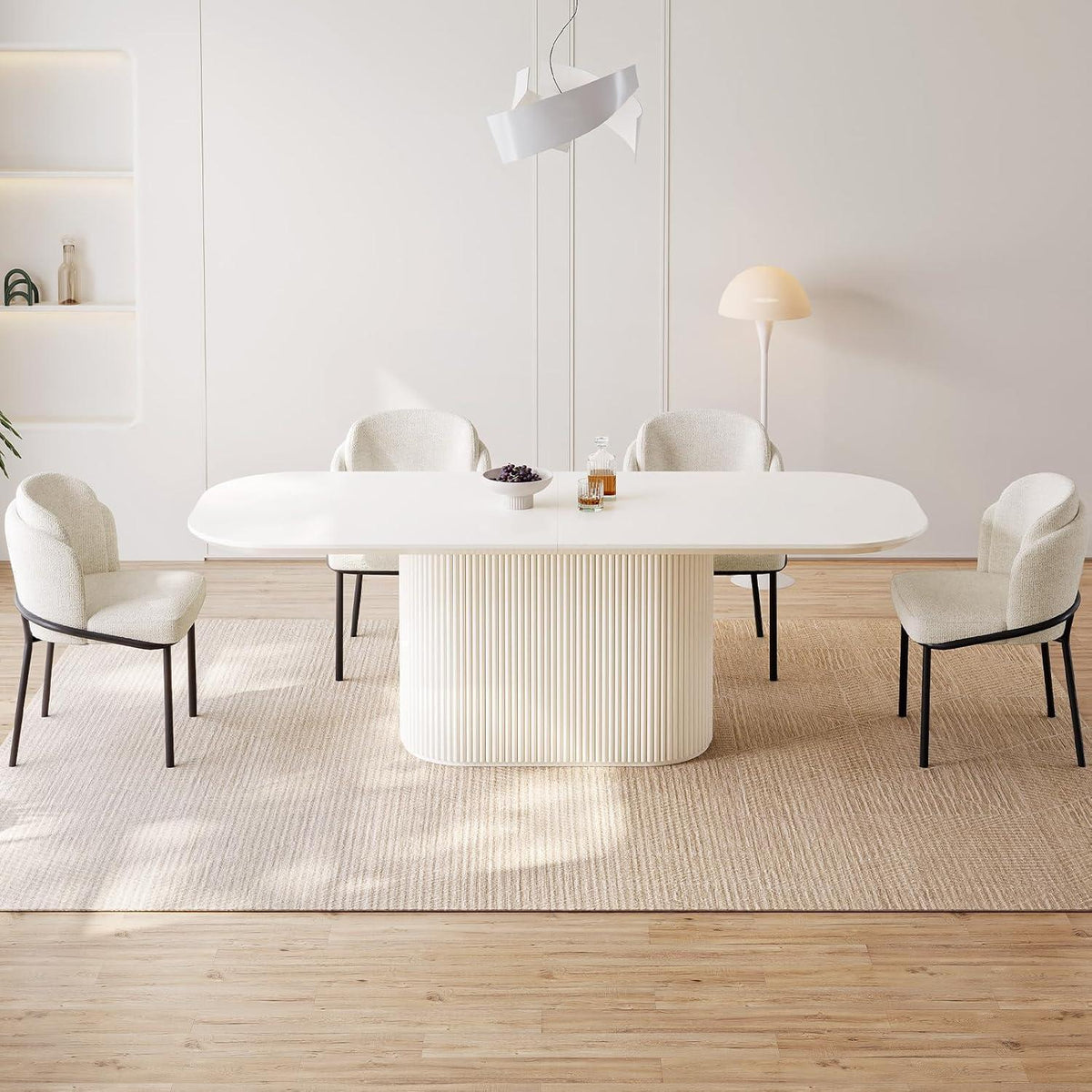 Esszimmertisch Set Weiß 220cm mit 4 Stoffstühlen, Skandinavisch