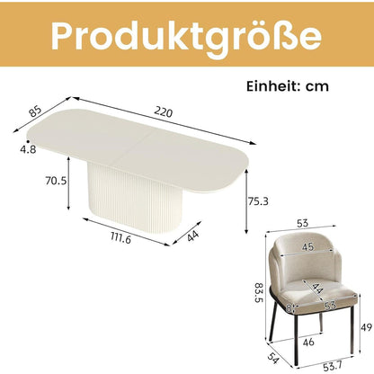 Esszimmertisch Set Weiß 220cm mit 6 Stoffstühlen – Skandinavisch Modern