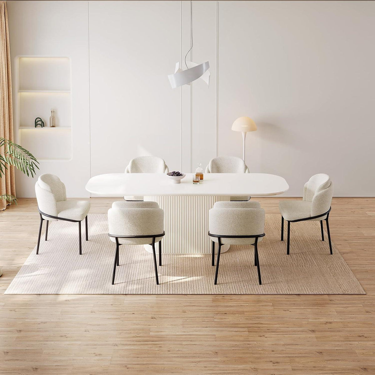 Esszimmertisch Set Weiß 220cm mit 6 Stoffstühlen – Skandinavisch Modern