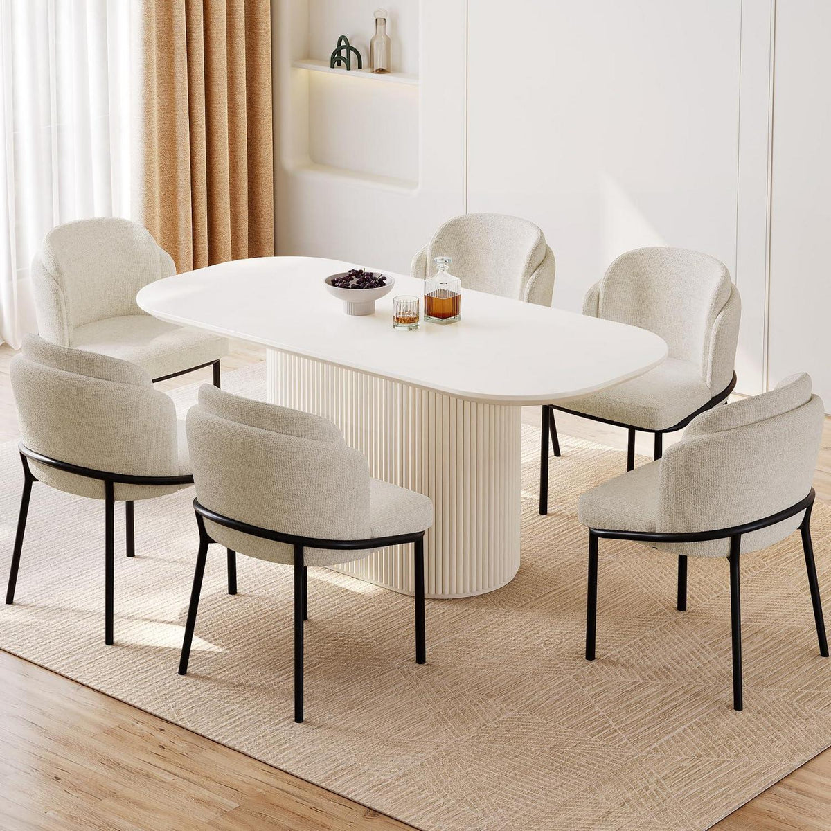 Esszimmertisch Set Weiß mit 6 Stoffstühlen – Skandinavisches Design