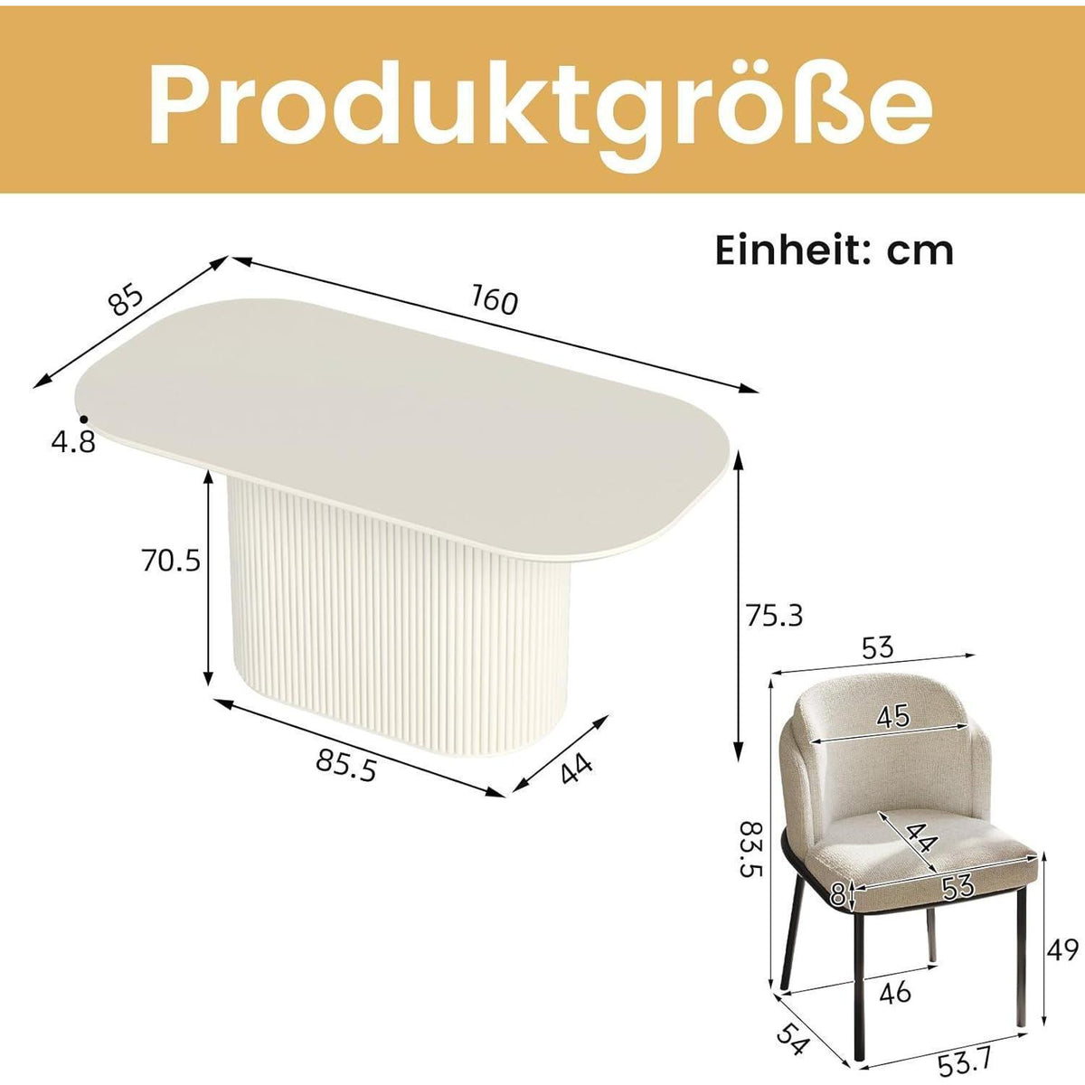 Esszimmertisch Set Weiß mit 4 Stoffstühlen, Skandinavisches Design