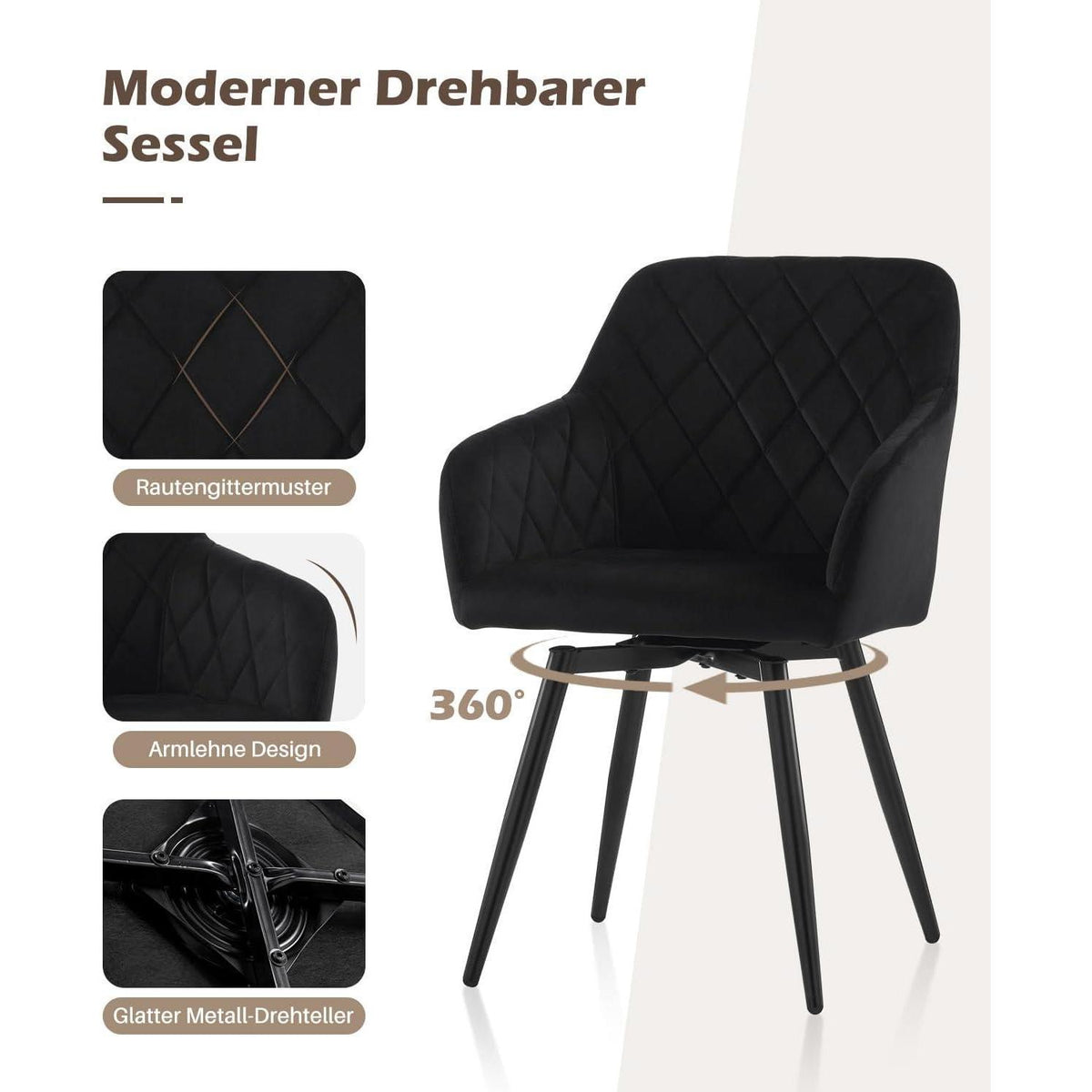Drehbare Esszimmerstühle Set 6 – Samt, Schwarz