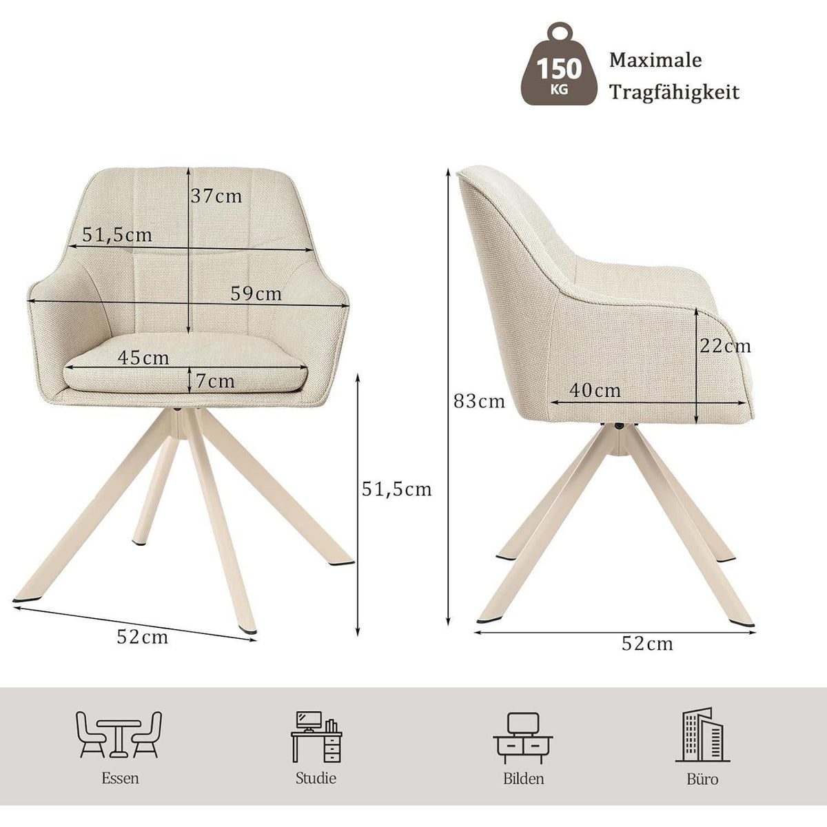 Drehbarer Esszimmerstuhl Set 6er – Beige Polsterstuhl mit Armlehne