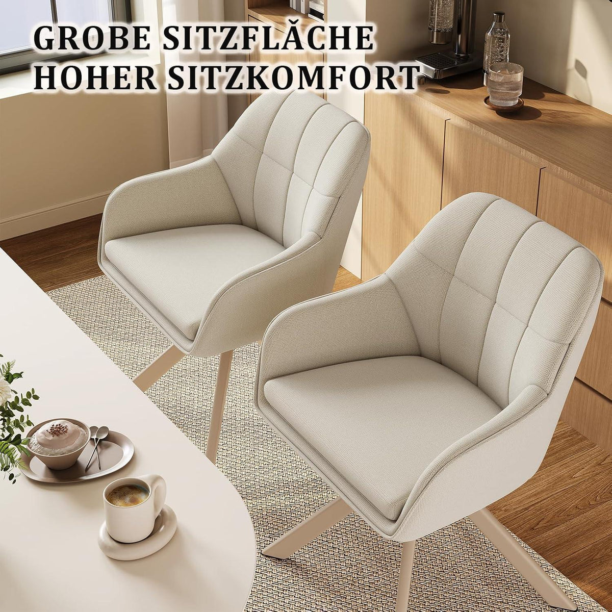Drehbarer Esszimmerstuhl Set 4er – Beiges Metallgestell & Leinenbezug