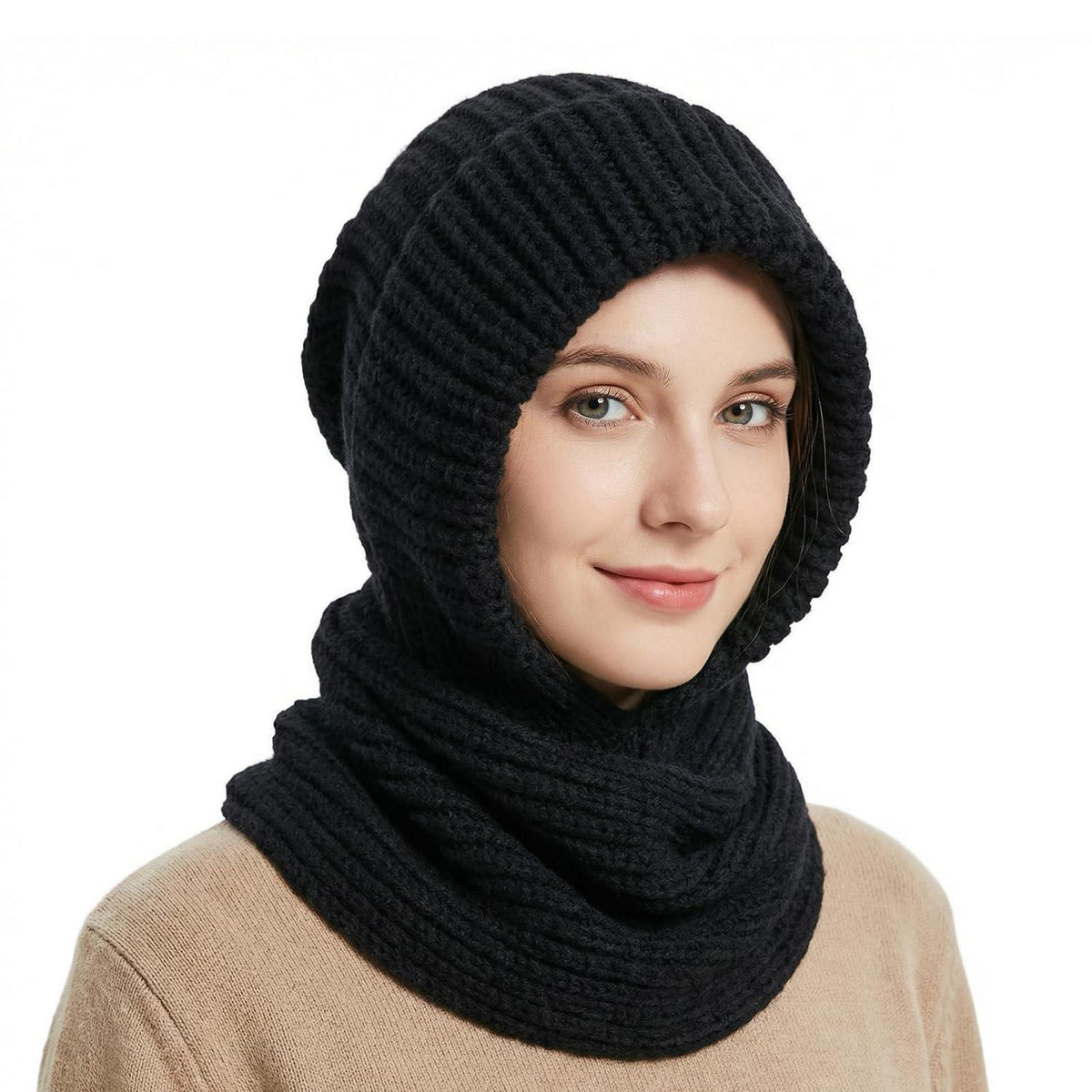 Thermo Strickmütze Damen Fleecegefüttert mit Schal | Wintermütze Balaclava