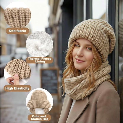 Thermo Strickmütze Damen Fleecegefüttert mit Schal | Wintermütze Beige