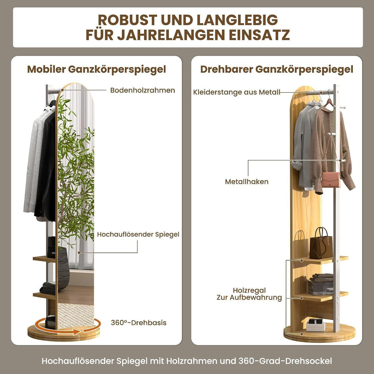 360° Ganzkörperspiegel mit Garderobe & Ablagen