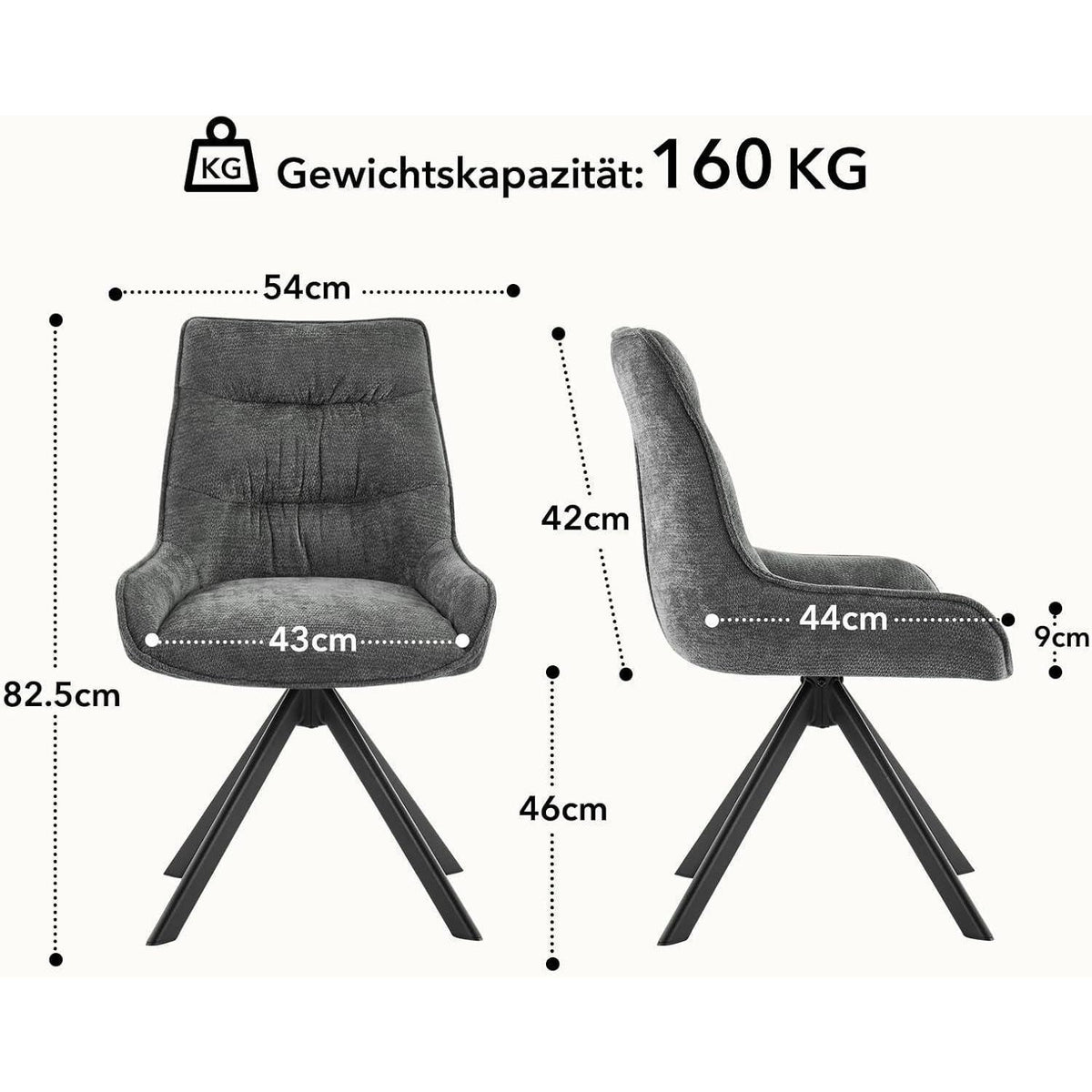 Drehbarer Esszimmerstuhl Set, Dunkelgrau - Chenille Polsterstuhl 2er Set