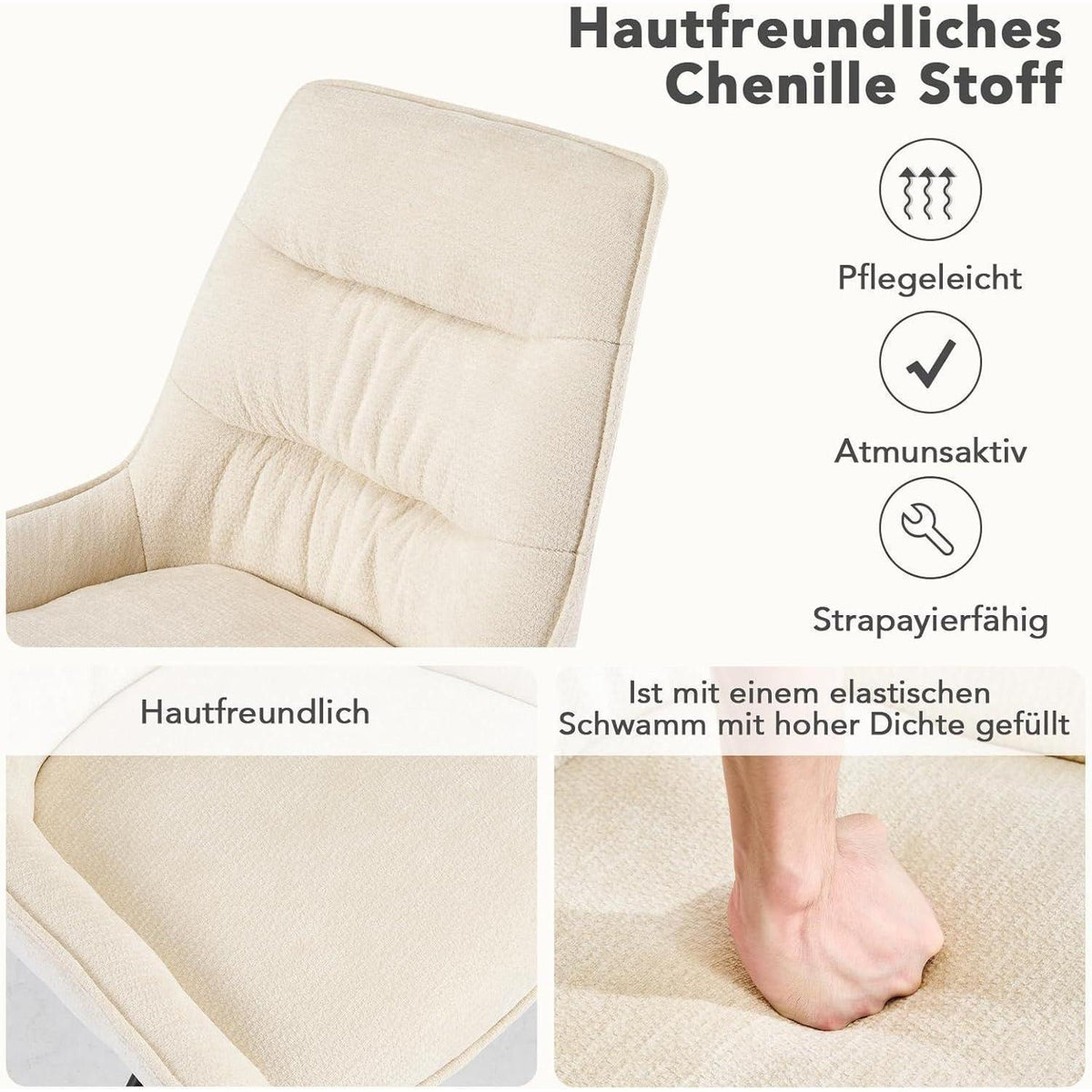 Drehbarer Esszimmerstuhl Set, Chenille, Beige - 4er Pack