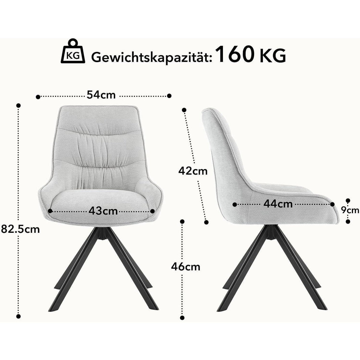 Drehbarer Esszimmerstuhl Set, Chenille, Hellgrau, 4 Stück