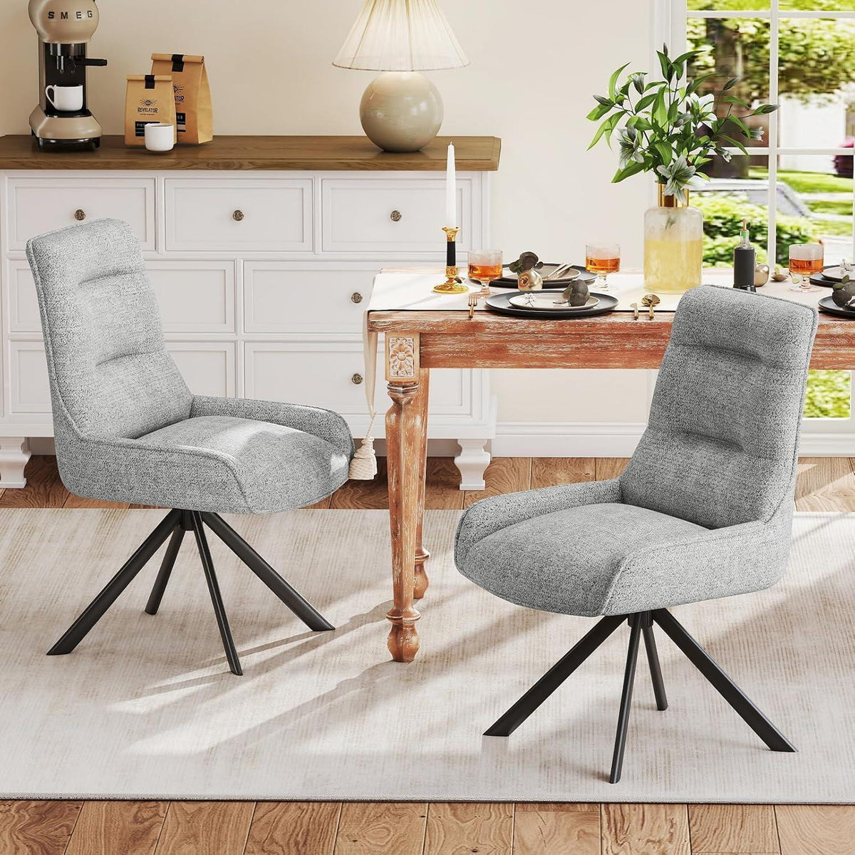 Drehbarer Esszimmerstuhl Set, Chenille, Hellgrau, 4 Stück