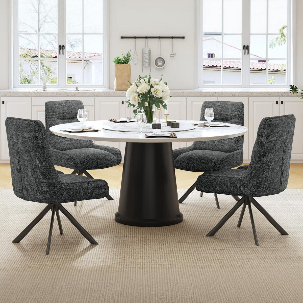 Drehbarer Esszimmerstuhl Set, Dunkelgrau, Chenille Polsterstuhl 4er Set