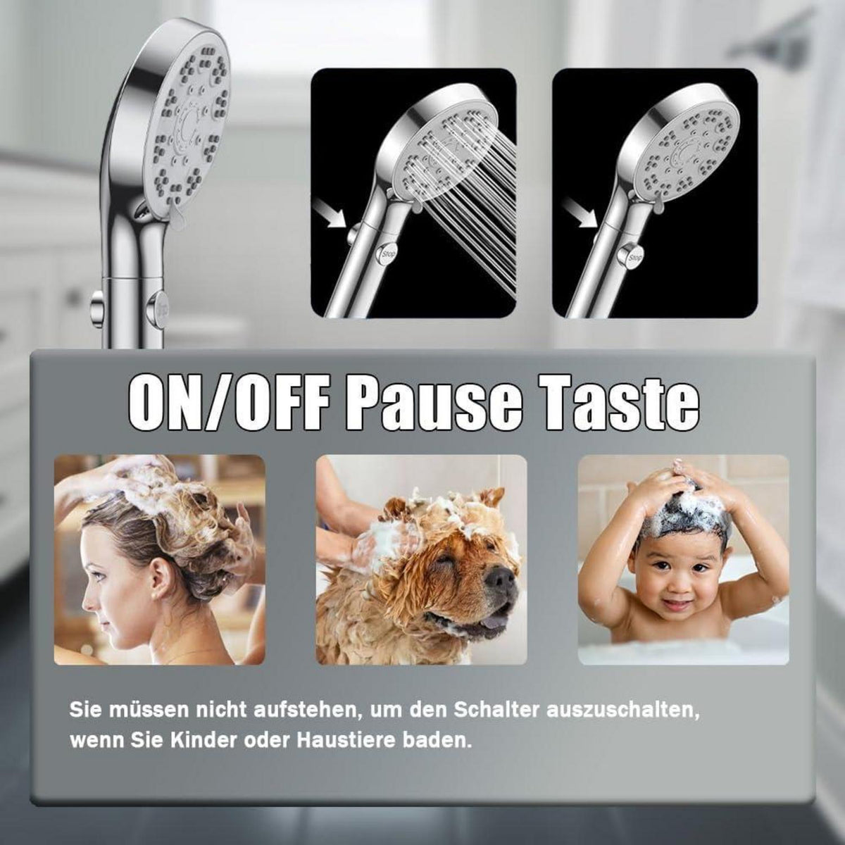 Wassersparender Duschkopf mit Schlauch & 5 Strahlarten