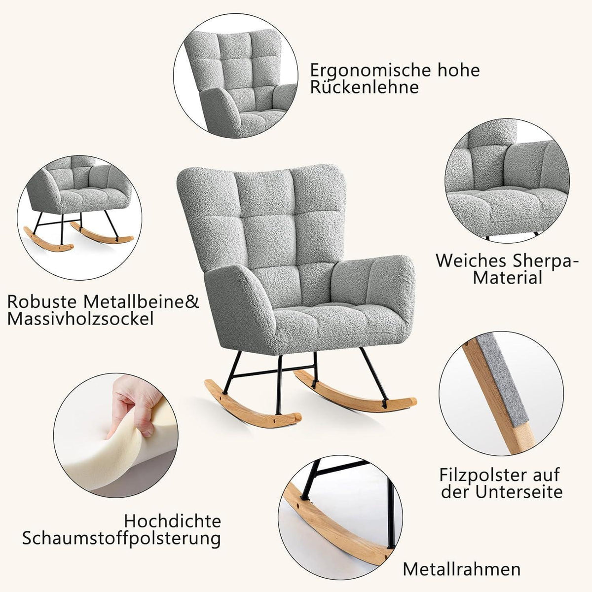 Schaukelstuhl 2er Set Grau – Bequemer Lesesessel für Wohnzimmer & Babyzimmer