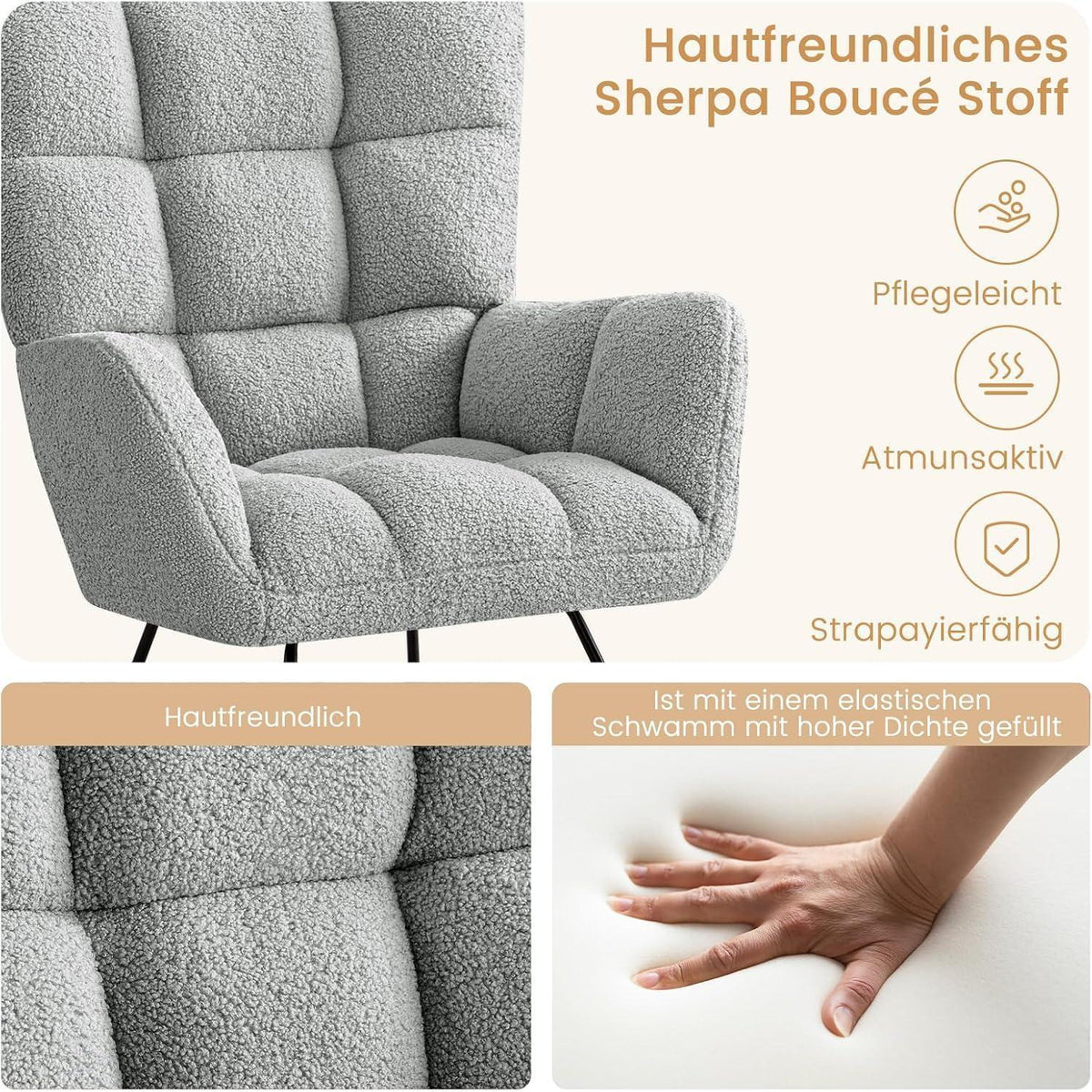 Schaukelsessel Grau – Bequemer Lesesessel für Wohnzimmer & Babyzimmer