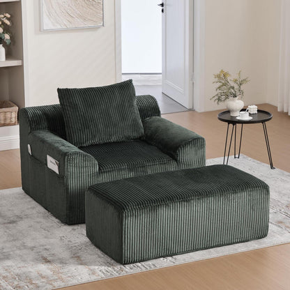 Übergroßer Cord Sessel mit Fußhocker & Seitentaschen – Smaragd