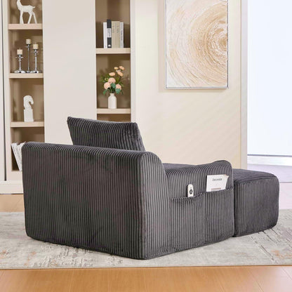 Übergroßer Cord Sessel mit Fußhocker & Seitentaschen – Dunkelgrau