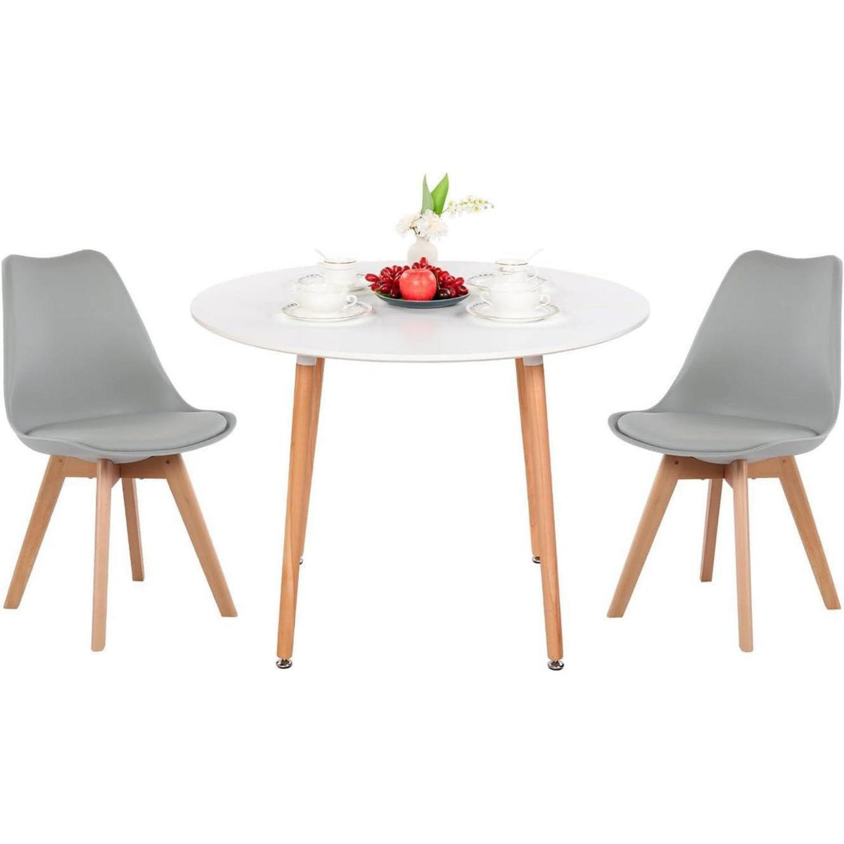 Esstisch Set 100cm Holz mit 2 Grau Skandinavischen Stühlen