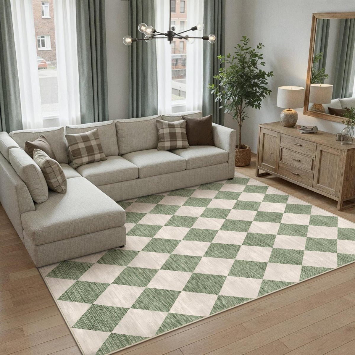 Grüner Teppich 160x230cm Waschbar Kariert Modern Rechteckig
