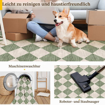 Grüner Teppich 160x230cm Waschbar Kariert Modern Rechteckig