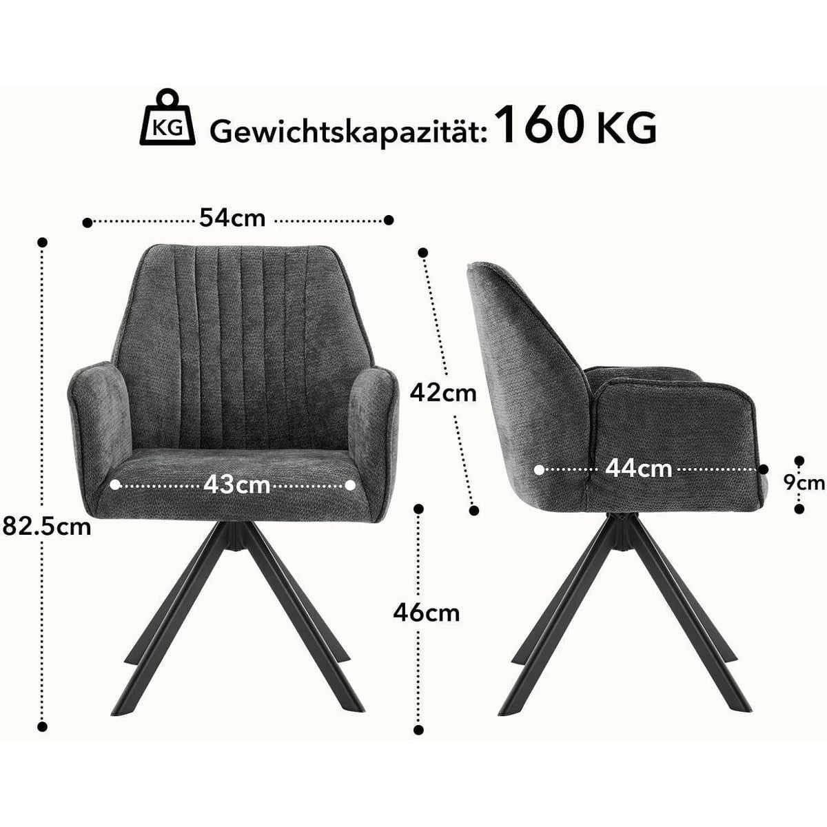 Drehbarer Esszimmerstuhl mit Armlehne & Chenille Bezug - Dunkelgrau 4er Set