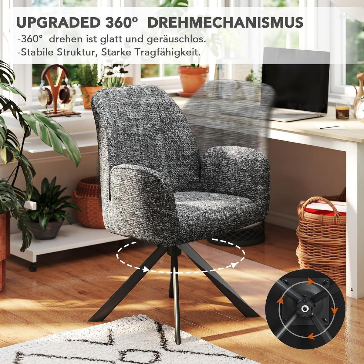 Drehbarer Esszimmerstuhl mit Armlehne & Chenille Bezug - Dunkelgrau 4er Set