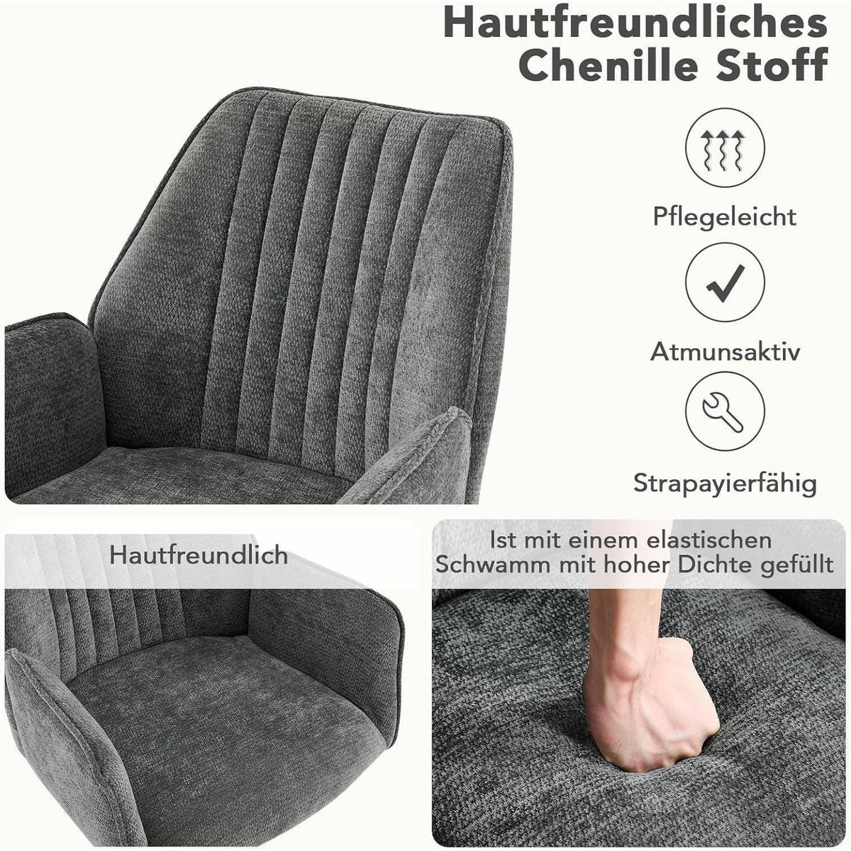 Drehbarer Esszimmerstuhl Set, Dunkelgrau, 6 Stück mit Chenille