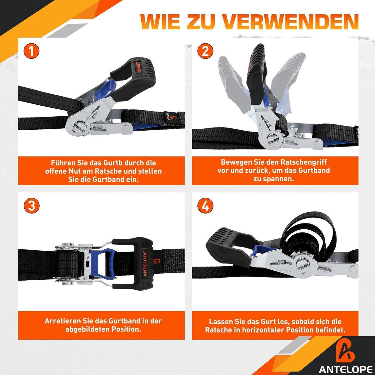 Spanngurte mit Ratsche 4er-Set | J-Haken, 6m Länge