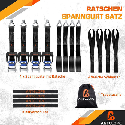 Spanngurte mit Ratsche 4er-Set | J-Haken, 6m Länge