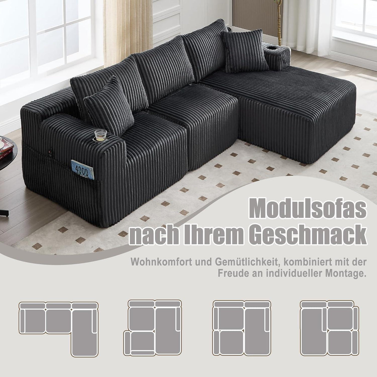 Cordo L-Form Sofa Grau – Eckcouch mit Getränkehaltern & Taschen