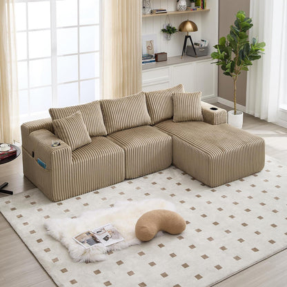 Cordo L-Form Sofa Khaki – Eckcouch mit Getränkehaltern & Taschen