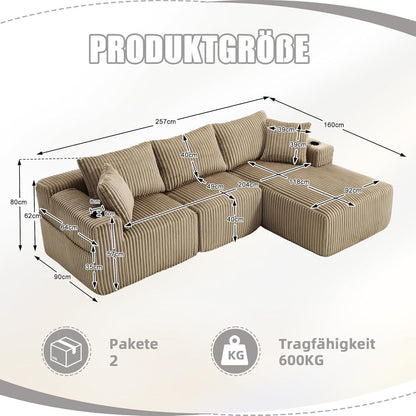Cordo L-Form Sofa Khaki – Eckcouch mit Getränkehaltern & Taschen