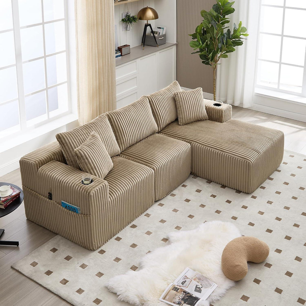 Cordo L-Form Sofa Khaki – Eckcouch mit Getränkehaltern & Taschen