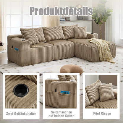 Cordo L-Form Sofa Khaki – Eckcouch mit Getränkehaltern & Taschen
