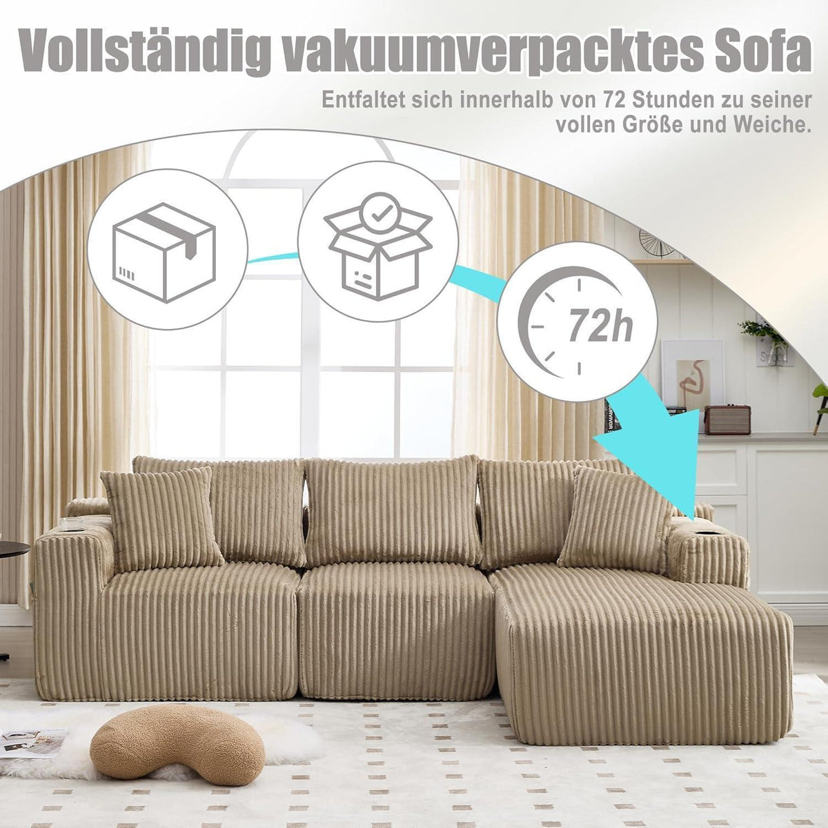Cordo L-Form Sofa Khaki – Eckcouch mit Getränkehaltern & Taschen