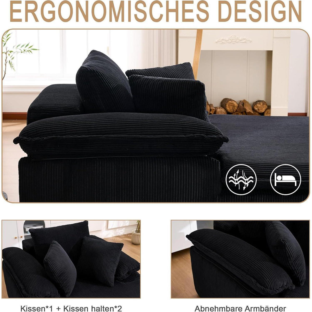 Modernes Cord Schlafsofa mit Memory-Schaum – Schwarz