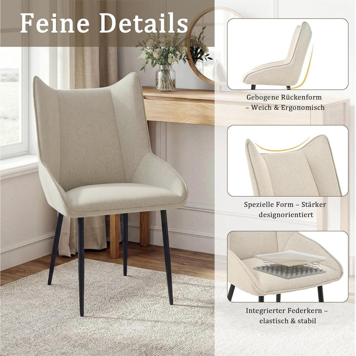 Moderner Esszimmerstuhl Set 4er – Beige, Leinen-Polyester Mix