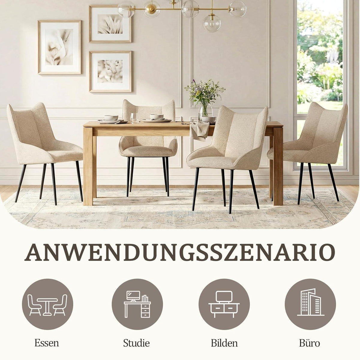 Moderner Esszimmerstuhl Set 6er – Samt Creme, Verstellbare Füße