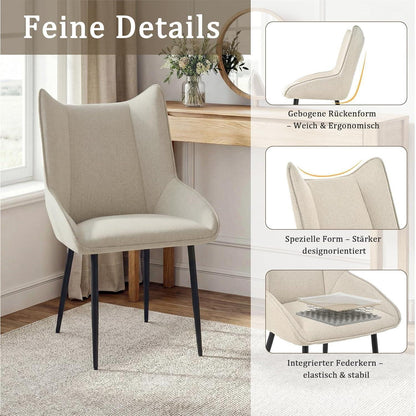 Moderner Esszimmerstuhl 2er Set Beige, Leinen-Polyester Mix